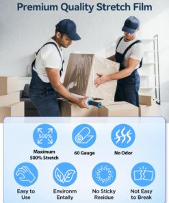 Stretch Wrap Film-2 Pack 15 inch Wide 1000ft Heavy Duty Shrink Wrap,60 Gauge 500% Stretch Industrial Strength for Pallet Wrap, Furniture Wrapping Moving & Protection,2 Roll with Handles 2 Pack(with Handles) 8 714ZD7AzfZL