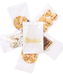 Cellophane Treat Bags, Clear Cookie Bags Pack of 100 (5 x 7Inches) Clear Bags for Gifts and Wrapping Sweets bag for Hamper Making for Birthday Party Self-Sealing & Resealable Adhesive (Treat Bags - Gold) Treat Bags - Gold 15 714ajCsnqzL