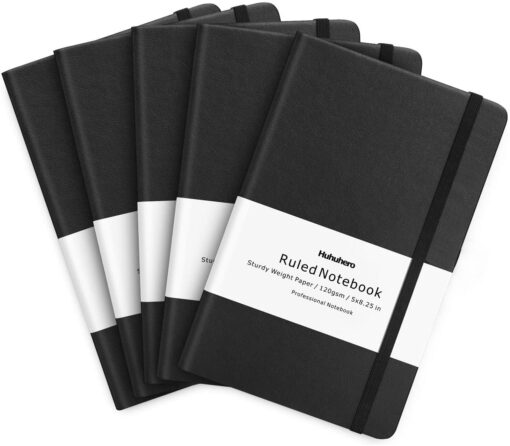 Huhuhero Lined Notebook Journal, 120Gsm Thick Paper Journals for Writing, 5 Pack Hardcover Leather Notebooks for Men Women, Daily Journal for Work Business Note Taking, Office School Supplies 5"×8.25" Black