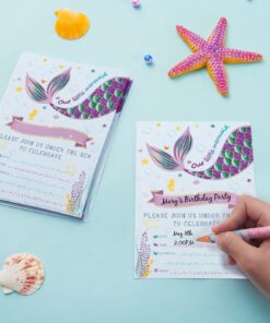 WERNNSAI Mermaid Party Invitations - 20 Set Magical Glitter Fill in Mermaid Invitations with Envelopes for Kids Girls Birthday Baby Shower Wedding Pool Mermaid Themed Party Supplies Mermaid-A 39 714jSzhLfAL