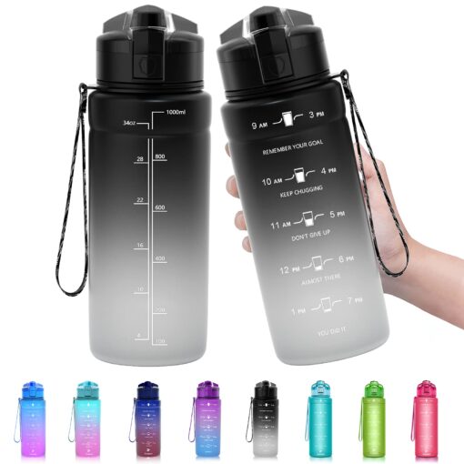 ZOUNICH Tritan BPA Free Water Bottle with Time Marker - 32oz/24oz/17oz Leakproof Motivational Sports Water Bottles to Ensure You Drink Enough Water Throughout The Day for Fitness and Outdoor Activity 1000ml/32oz Black/White Gradient