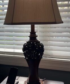 Regency Hill Exeter Traditional Style Table Lamps 30" Tall Full Size Set of 2 Bronze Wood Carved Leaf Creme Rectangular Bell Shade Decor for Living Room Bedroom House Bedside Nightstand Office 32 714mRl2IcWL 3