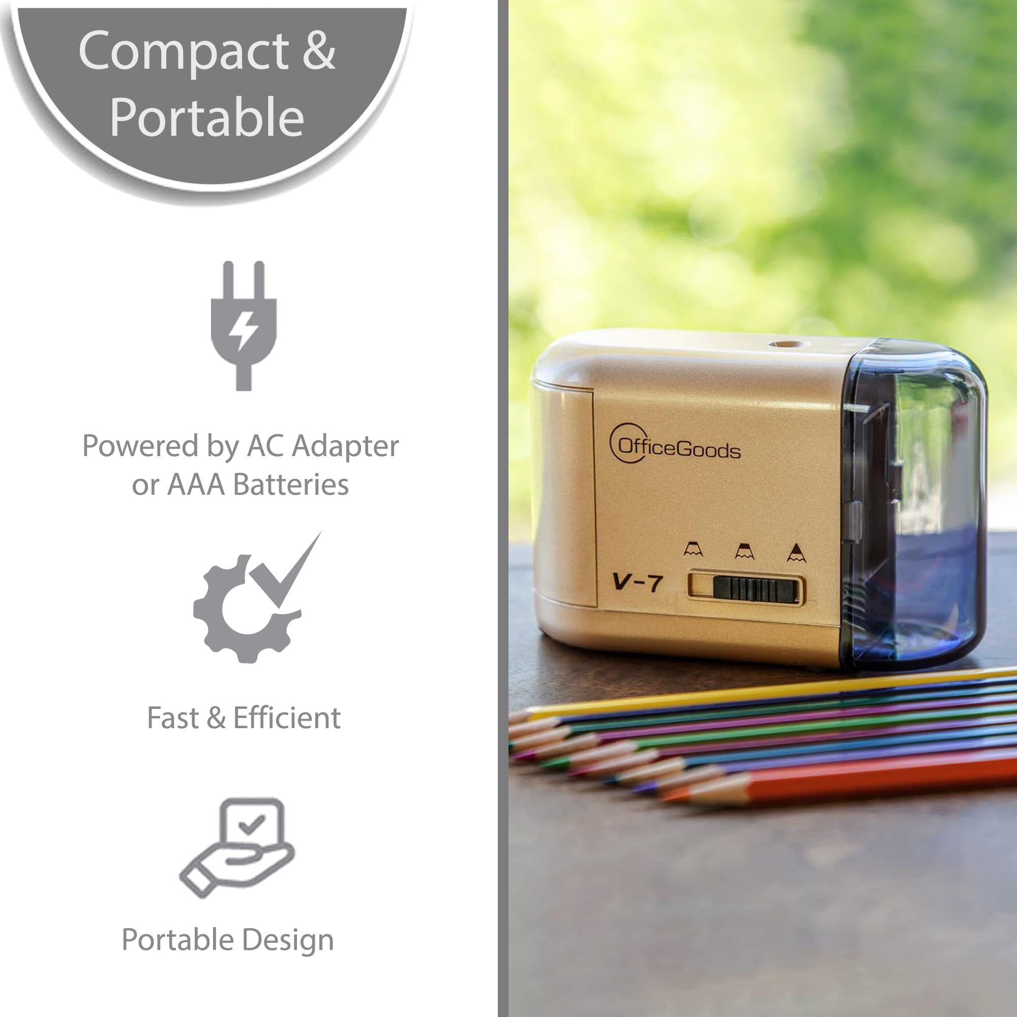 OfficeGoods Electric Pencil Sharpener - Battery or Cord Powered Portable Sharpener - Perfectly Sharpens Colored Pencils, Drafting Pencils for Artists, Office, School & Home - Gold 5 OfficeGoods Electric Pencil Sharpener - Battery or Cord Powered Portable Sharpener - Perfectly Sharpens Colored Pencils, Drafting Pencils for Artists, Office, School & Home - Gold - Image 5