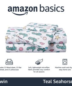 Alternative view of Amazon Basics Kid's Ocean Party Soft Easy-Wash Microfiber Sheet Set, Twin, Teal Seahorses