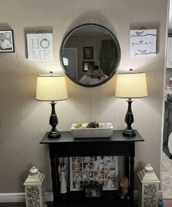 Regency Hill Ben Farmhouse Traditional Table Lamps 25" High Full Size Set of 2 Dark Bronze Brown Metal Beige Linen Drum Shade Decor for Living Room Bedroom House Bedside Nightstand Home Office 28 7153boKuFnL