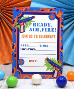 Dart Gun Birthday Party Invitations, 20 5"x7" Fill In Cards with Twenty White Envelopes by AmandaCreation 13 7154Sy7bUKL