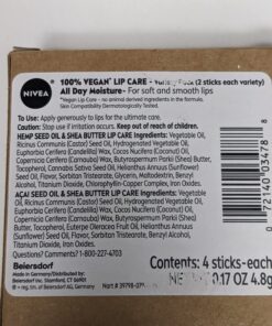 NIVEA Vegan Lip Care Variety Pack, Acai Seed Oil Shea Butter Lip Balm Sticks and Hemp Seed Oil Shea Butter Lip Balm Sticks, Pack of 4 Acai and Hemp 4 Count (Pack of 1) 53 7155LvqVe8L
