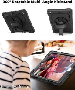 New iPad 9th/8th/7th Generation Case 2021/2020/2019 10.2 Inch with Tempered Glass Screen Protector & Pencil Holder | Rugged Protective Kids iPad 10.2 Case Cover w/Stand Hand Shoulder Strap |Black Black 37 7157U0FPDlL