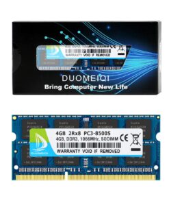DUOMEIQI Ram DDR3 8GB Kit (2 X 4GB) PC3-8500 PC3 8500S DDR3 1066MHz SO-DIMM CL7 204 Pin 1.5v 2RX8 Sodimm DDR3 Non-ECC Unbuffered Notebook Memory Laptop RAM Modules ( 2X 4GB) PC3-8500S Blue 14 715FGgF2kfL