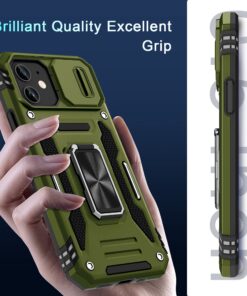 DEERLAMN for iPhone 12 Case,iPhone 12 Pro Case with Slide Camera Cover+Screen Protector(2 Packs),Rotated Ring Kickstand Military Grade Shockproof Protective Cover-Olive Green iPhone 12/12 Pro 6.1 Olive Green 17 715NEPpM0fL