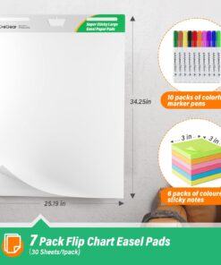 CREGEAR Large Chart Paper for Teachers, Sticky Flip Chart Paper 25 x 30 Inches,30 Sheets/Pad, Easel Paper Pad for White Board with 10 Colorful Markers 6 Sticky Note Pads 7 Pack (25 x 30 Inches 7PACK) 18 715NWSRARkL