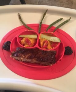 ezpz Mini Mat (Coral) - 100% Silicone Suction Plate with Built-in Placemat for Infants + Toddlers - First Foods + Self-Feeding - Comes with a Reusable Travel Bag - 6 Months+ Coral 40 715QVdgiL