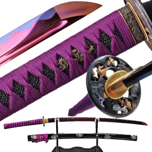 Handmade Japanese Samurai Katana Sword 41 inch 1095 High Carbon Steel/Damascus Folded Steel Full Tang Katana for Man Gift Cosplay Decoration Self Defense Black，Purple