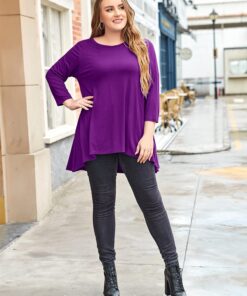 LARACE Womens Plus Size 3/4 Sleeve Loose Fit Flare Swing Tunic Tops Floral High Low Basic T Shirt Deep Purple 3X 8 715XKmHAnOS
