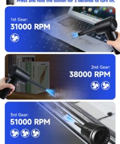 Compressed Air Duster,Fulljion 3-Gear to 51000RPM Electric Air Duster Portable Air Blower with LED Light, 6000mAhRechargeable Cordless Air Duster for Computer Keyboard Fast Charge(Black) Black 27 715c0w7O7XL