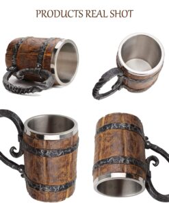 Kndatle Handmade Wooden Barrel Beer Mug, Bucket Shaped Drinkware with Handle, Stainless Steel Double Wall Cocktail Mug for Bar Restaurant, Vintage Bar Accessories (18 oz) 19 715fJg4DO6S