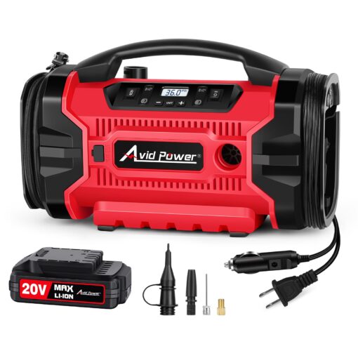 Tire Inflator Air compressor Portable w/ 3 Power Source (110V AC, 12V DC, 20V Battery), Car Tire Pump w/Inflation & Deflation Modes, Triple Power Tire Inflator w/Dual Powerful Motors 3 power supply