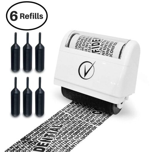 Identity Theft Protection Roller Stamps Wide Kit, Including 6-Pack Refills - Confidential Roller Stamp, Anti Theft, Privacy & Security Stamp, Designed for ID Blackout Security - Classy White Stamp + 6 Refills