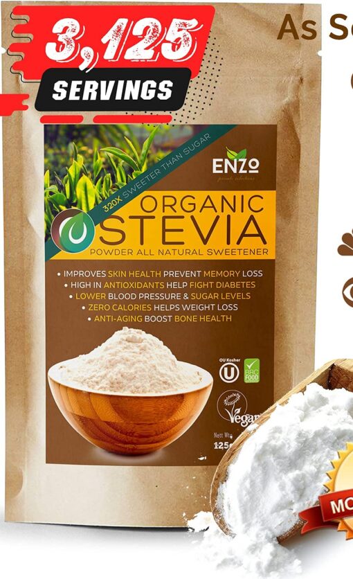 Organic Stevia Powder 125g (4.4oz / 3125-Servings) - Premium USDA Certified All Natural Alternative-Sweetener 320x Sugar Free Non-GMO 0 Calories Vegan No Aftertaste Kosher white