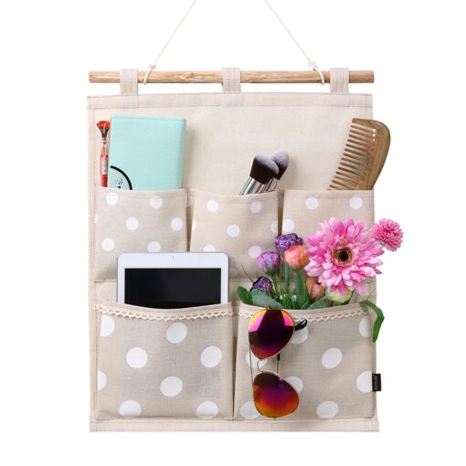 Homecube Linen Cotton Fabric Wall Door Cloth Hanging Storage Bag Case 5 Pocket Home Organizer (White Polka Dots) White