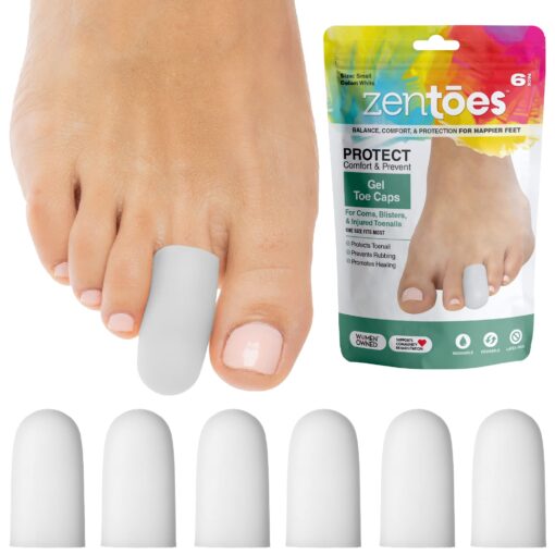 ZenToes 6 Pack Gel Toe Cap and Protector - Cushions and Protects to Provide Relief from Missing or Ingrown Toenails, Corns, Blisters, Hammer Toes (Small, White) Small
