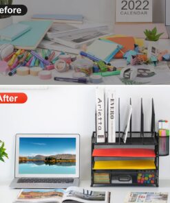 Marbrasse Desk Organiser Drawer, 4-Tier Mesh Desk File Organiser,5 Vertical File Holders and 2 Pen Holders, Multifunction Desktop Organizer,Desk Organizers and Accessories for Home Office Mesh Vertical File Folder - 01 24 716AWCK0hLL