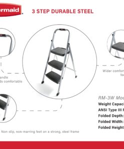 Rubbermaid RM-3W 3-Step Steel Step Ladder with Hand Grip, 200 lb Capacity, Silver 3-Step Stool 25 716Cj3df27L