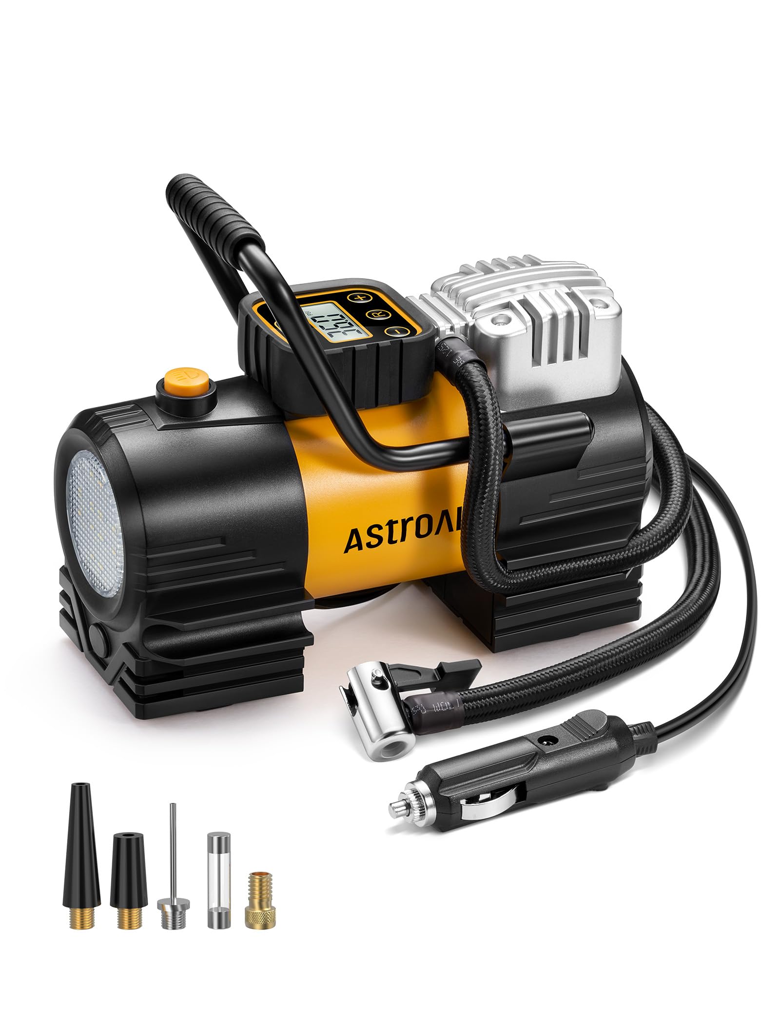 AstroAI Tire Inflator Portable Air Compressor (Up to 150 PSI) Tire Pump for Car 12V DC Digital Air Pump with 12 LEDs Super Bright Light for Bicycle, Motorcycle, Automotive Car Accessories Yellow Type 2 1 AstroAI Tire Inflator Portable Air Compressor (Up to 150 PSI) Tire Pump for Car 12V DC Digital Air Pump with 12 LEDs Super Bright Light for Bicycle, Motorcycle, Automotive Car Accessories Yellow Type 2