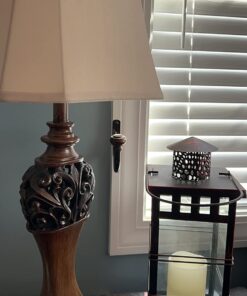 Regency Hill Exeter Traditional Style Table Lamps 30" Tall Full Size Set of 2 Bronze Wood Carved Leaf Creme Rectangular Bell Shade Decor for Living Room Bedroom House Bedside Nightstand Office 33 716GcbbySmL 3