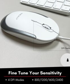 Macally Silent Wired Mouse - Slim & Compact USB Mouse for Apple Mac or Windows PC Laptop/Desktop - Designed with Optical Sensor & DPI Switch - Simple & Comfortable Wired Computer Mouse (White) White with Silver Trim 27 716H7m8Ou1L
