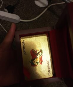 Deck of 24k Gold Foil Plating Poker Plastic Playing Cards with Mahogany Wood Box Includes Certificate of Authenticity Double Sided Color Printed Rendered Etching $100 Benjamin Franklin Logo Design 28 716JU 3VomL