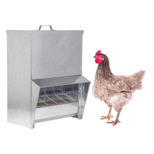 RentACoop Galvanized Chicken Trough Feeder, Weatherproof Poultry Food Dispenser with Lid 25LB Capacity