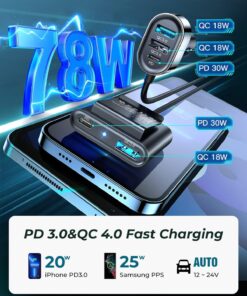 5-in-1 Multi Port USB C Car Charger, 78W iPhone Car Charger Fast Charging for Multiple Devices, Car Cigarette Lighter USB Charger with Fast 5FT Cable for iPhone15/Samsung/iPad Pro/MacBook Air/Pro 18 716QMn41blL