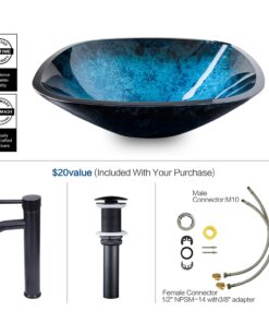 Elecwish Square Artistic Tempered Glass Vessel Sink Combo with Oil Rubber Bronze Faucet & Pop up Bathroom Bowl Ocean Blue (1/2" Compression) 17 716TFc4MS6L