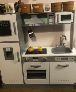 Amazon Basics Kids Upright Wooden Kitchen Toy Playset with Stove, Oven, Sink, Fridge and Accessories, for Toddlers, Preschoolers, Children Age 3+ Years, White & Gray, 39"L x 11.8"W x 39'H' Upright Kitchen 29 716cliC2h1L