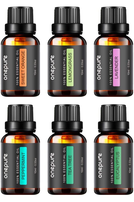 Onepure Essential Oils, 6 x 10ml Essential Oils Gift Set for Diffuser Humidifier Massage Aromatherapy (Lavender, Tea Tree, Eucalyptus, Lemongrass, Orange, Peppermint) 6 Scents