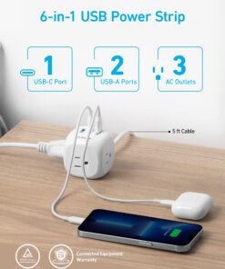 Anker 20W USB C Power Strip, 321 Power Strip with 3 Outlets and USB C Charging for iPhone 15/15 Plus/15 Pro/15 Pro Max, 5 ft Extension Cord, Power Delivery Charging for Dorm Rooms,Home Office 5ft White 18 716iyM0TpoL