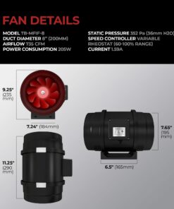 Alternative view of TerraBloom 8 Inch (200 mm) Inline Fan - 735 CFM Exhaust Duct Fan, Built-In Speed Controller, ETL Listed, Pre-Wired 6 FT Grounded Cord - For Use In Grow Tents With Carbon Filters, Fixtures, Attics 8" Inline Fan (735 CFM)