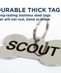 GoTags Stainless Steel Pet ID Tags, Personalized Dog Tags and Cat Tags, up to 8 Lines of Custom Text, Engraved on Both Sides, in Bone, Round, Heart, Bow Tie and More Regular (Pack of 1) 21 716x1PXgY L 1
