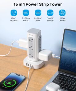 TROND Surge Protector Power Strip Tower - Flat Plug 6 ft Extension Cord with 12 Multiple Outlets, 4 USB Ports(1 USB C), Multi Plug Charging Tower, 1700J, for Home Office Supplies, Dorm Room Essentials 30 716z7o5SMzL