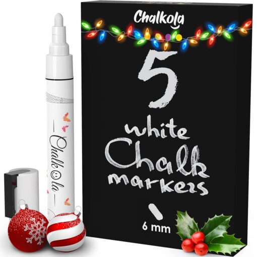 Chalkola White Chalk Markers for Blackboard, Chalkboard Sign, Window, Bistro, Car, Glass (5 Pack 6mm) - Liquid Chalkboard Markers Erasable - Paint Chalk Pens Washable Ink Reversible Tip Bold Tip - 5 Pens