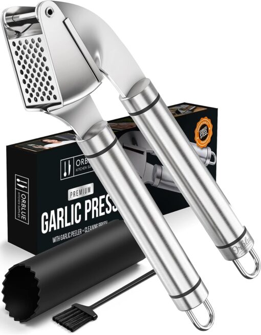 ORBLUE Garlic Press Stainless Steel - Premium Professional Grade Garlic Mincer, Crusher & Peeler Set - Easy Clean, Dishwasher Safe & Rust-proof Ageless Silver