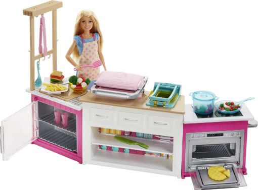 Barbie Kitchen Playset with Doll, Lights & Sounds, Food Molds, 5 Dough Colors and 20+ Accessories Standard