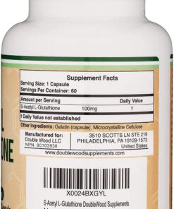 Alternative view of S-Acetyl L-Glutathione Capsules - 100mg, Manufactured and Tested in The USA, 60 Count (Acetylated Glutathione Antioxidant - More Absorbable Than Glutathione and Liposomal Glutathione) by Double Wood
