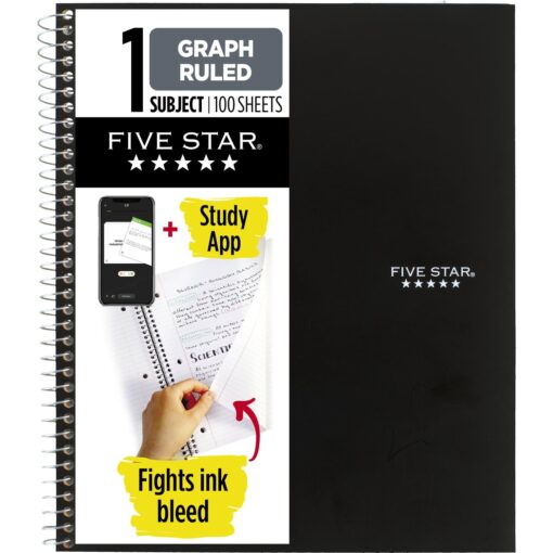 Five Star Spiral Notebook + Study App, 1 Subject, Graph Ruled Paper, Fights Ink Bleed, Water Resistant Cover, 8-1/2" x 11", 100 Sheets, Color Will Vary, 1 Count (06190) *Color Will Vary