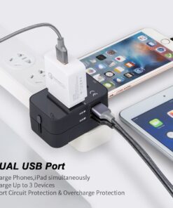 Travel Adapter, Worldwide All in One Universal Travel Adaptor Wall AC Power Plug Adapter Wall Charger with Dual USB Charging Ports for USA EU UK AUS Cell Phone Laptop Black 24 717D5KSpzVL