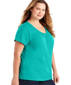 Just My Size Women's Short Sleeve Shirred V-Neck Tee 2X Eco Teal 13 717KovP5uL