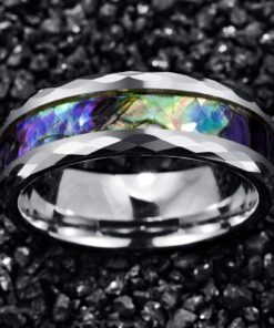 Alternative view of Vakki 8mm Abalone Shell Tungsten Rings for Men Women Black/Silver/Rose Gold Wedding Bands Faceted Edge Comfort Fit Size 5-14 Silver Tone 9