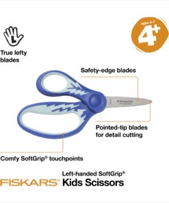 Fiskars 5" Left-Handed Softgrip Pointed-Tip Scissors for Kids 4-7 - Scissors for School or Crafting - Back to School Supplies - Blue Lightning 5 Inch Left Handed Blue Lightening 17 717Mqw5NCYL