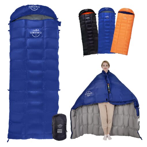 OMVMO 0 5 10 15 Degree 650/800 Fill Power Rectangle Duck/Goose Down Sleeping Bag for Adults,Ultralight Wearable 4 Season Envelope Sleeping Bag for Camping,Can be Used as a Down Blanket Duvet or Cloak Dark blue/10℉/Left Zipper Regular(Fits up to 6'0'')